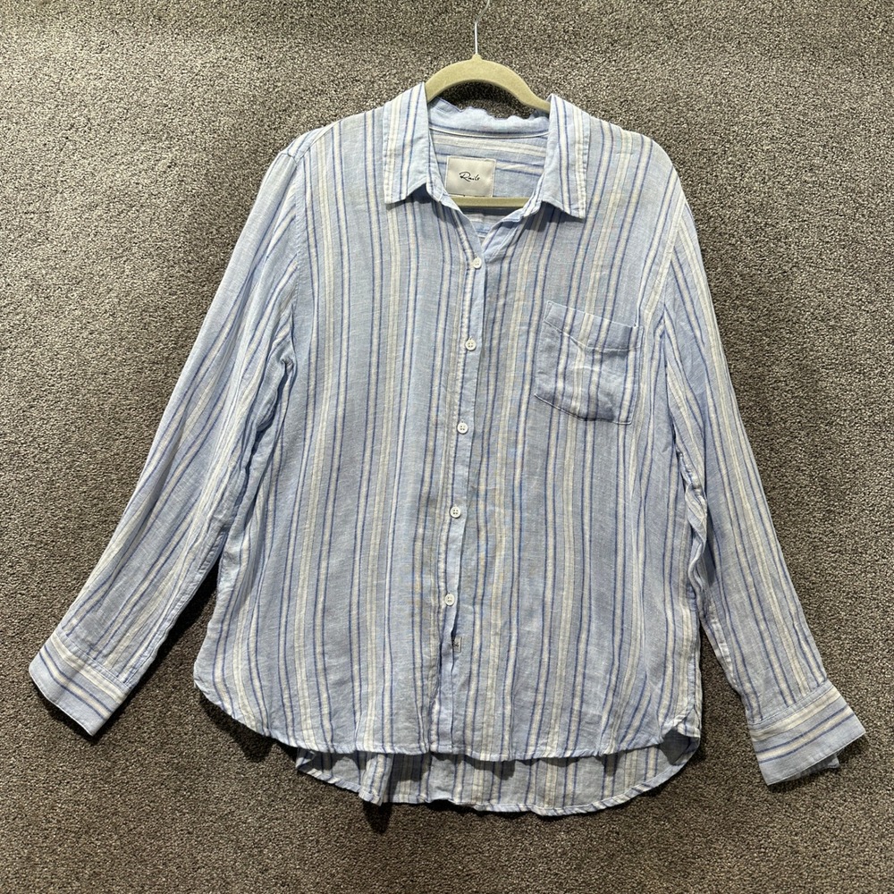 Rails Charli Napoli Stripe Linen Blend Button Down Shirt Blue White Large